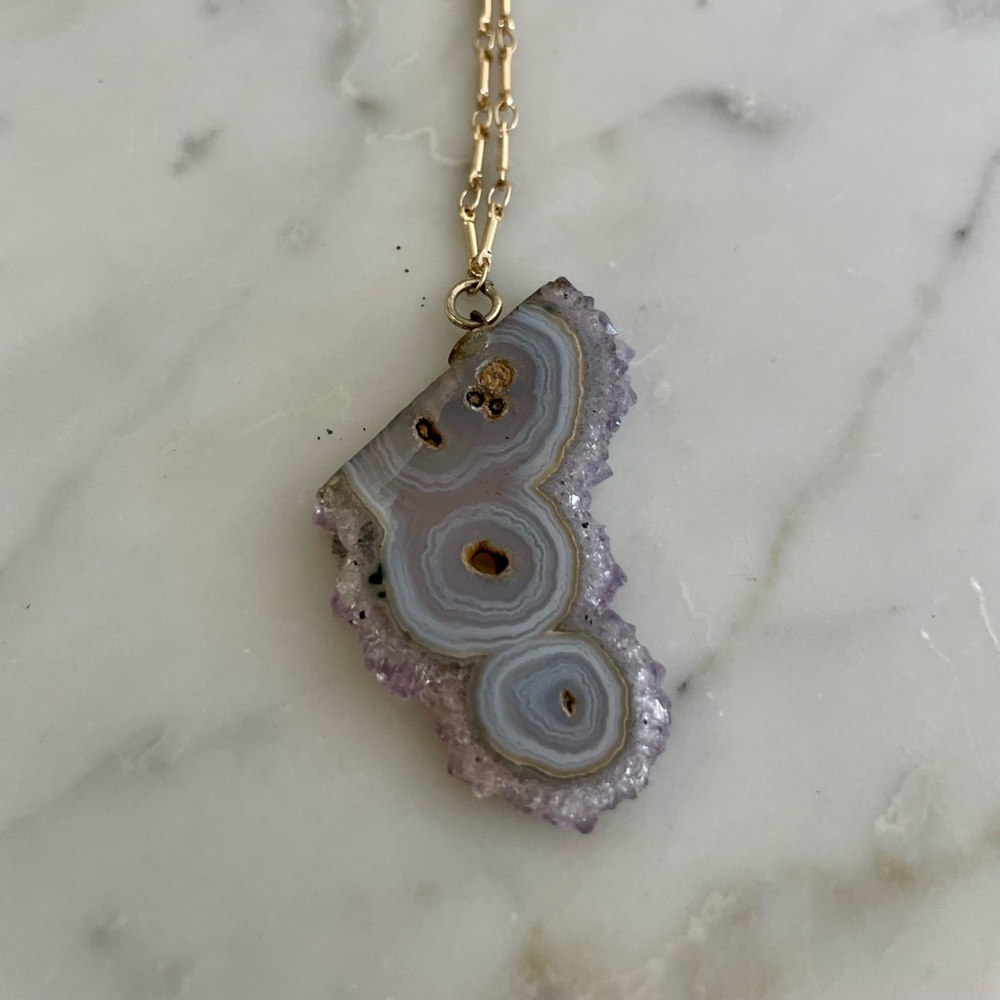 Amethyst Slice Pendant Necklace with Gold Chain